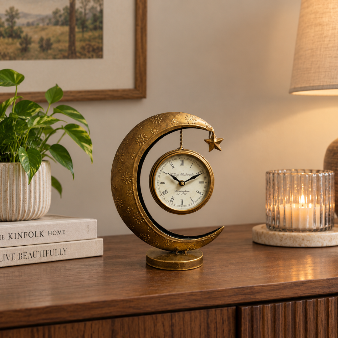 Antique Crescent Moon Table Clock with Hanging Star