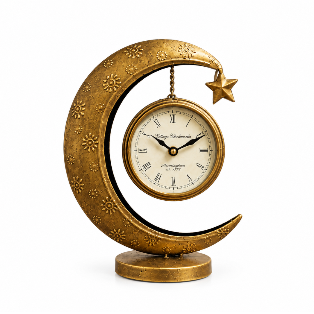 Antique Crescent Moon Table Clock with Hanging Star