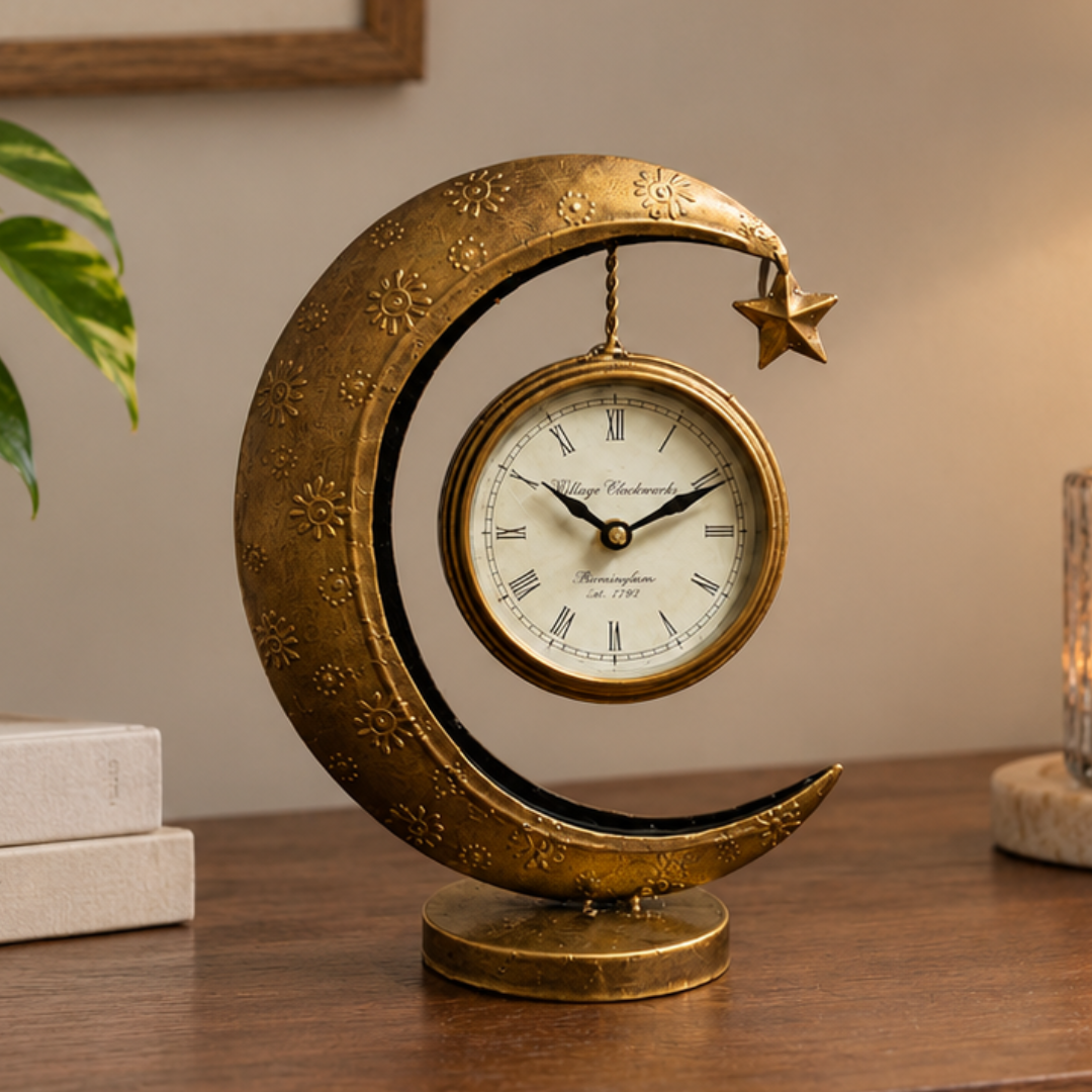 Antique Crescent Moon Table Clock with Hanging Star
