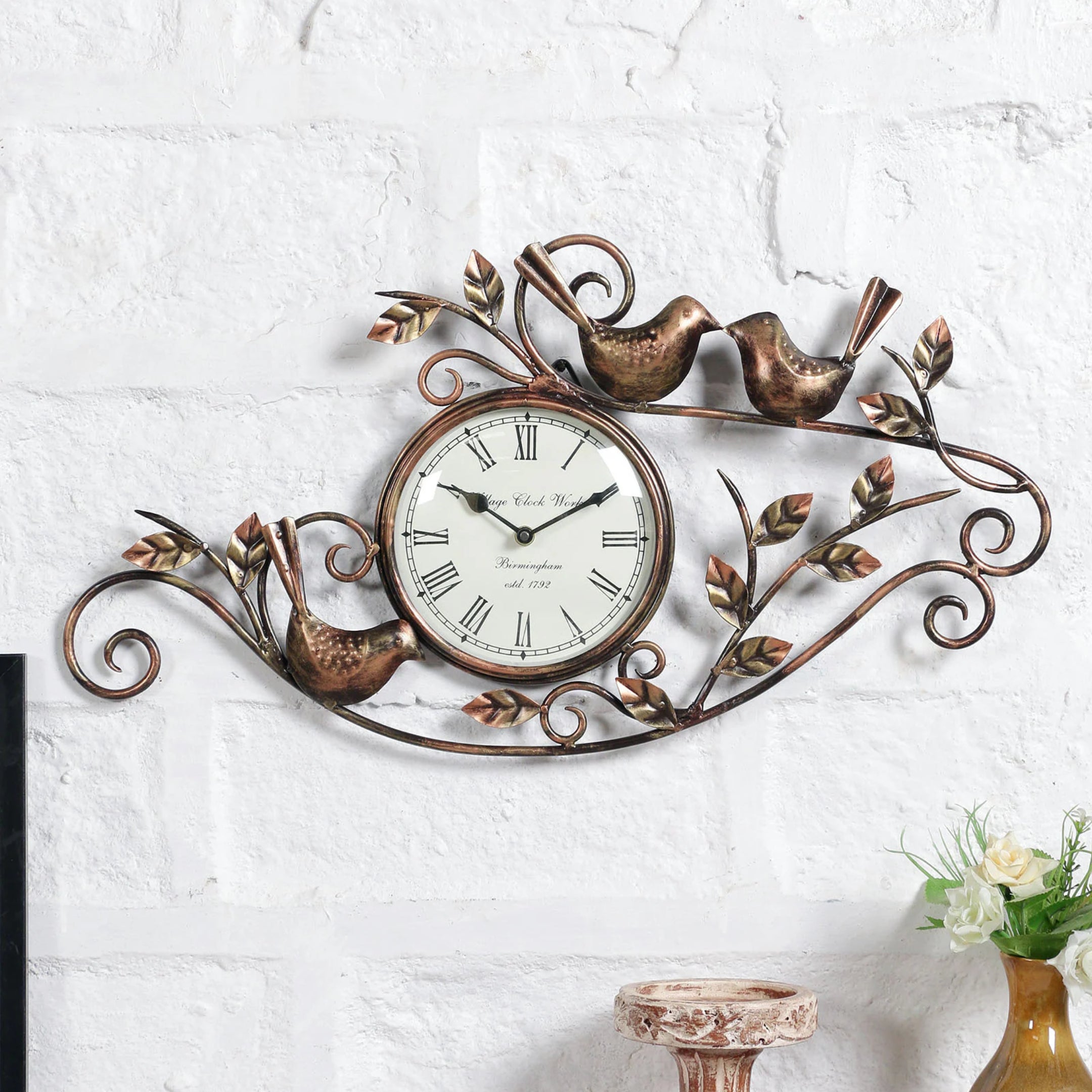 Ornate Bird Design Metal Wall Clock