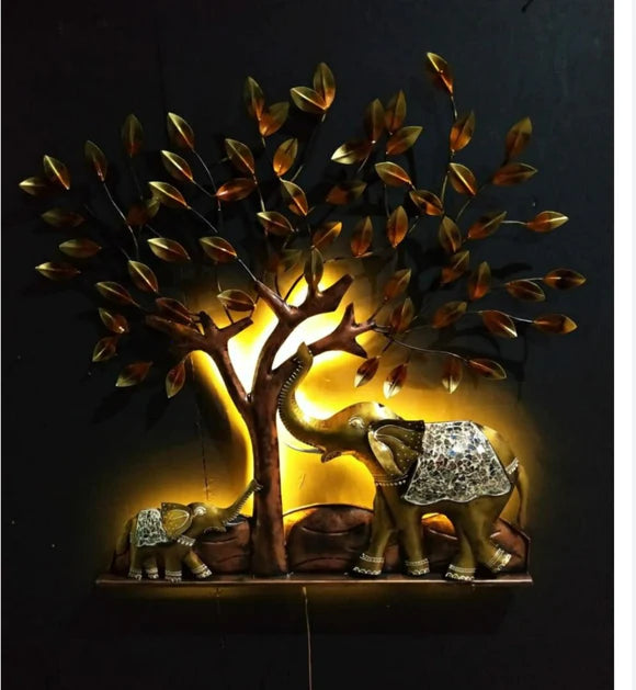 Elephant Family Under Tree Metal Wall Decor With Led – Large
