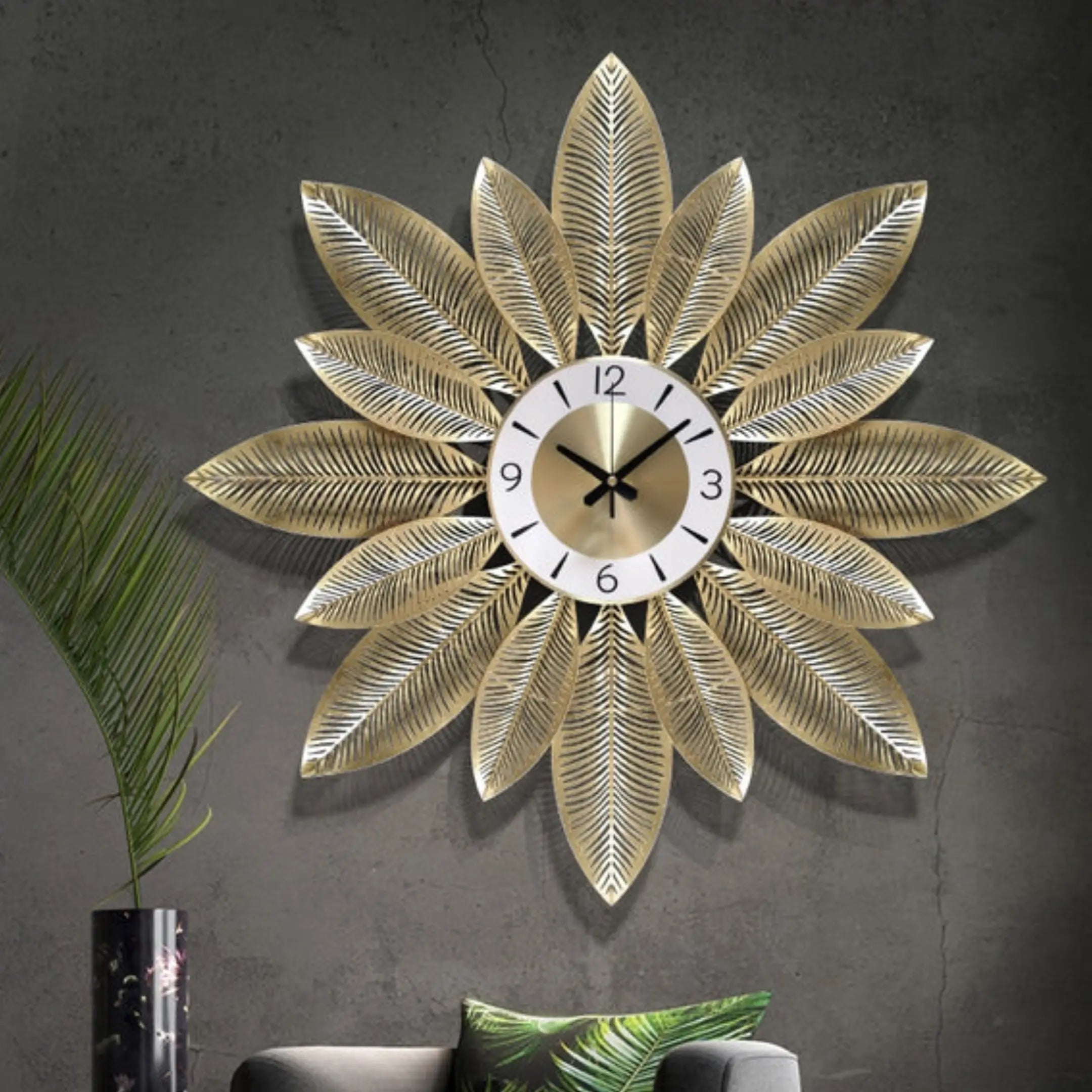 Golden Leaf Pattern Wall Clock Large