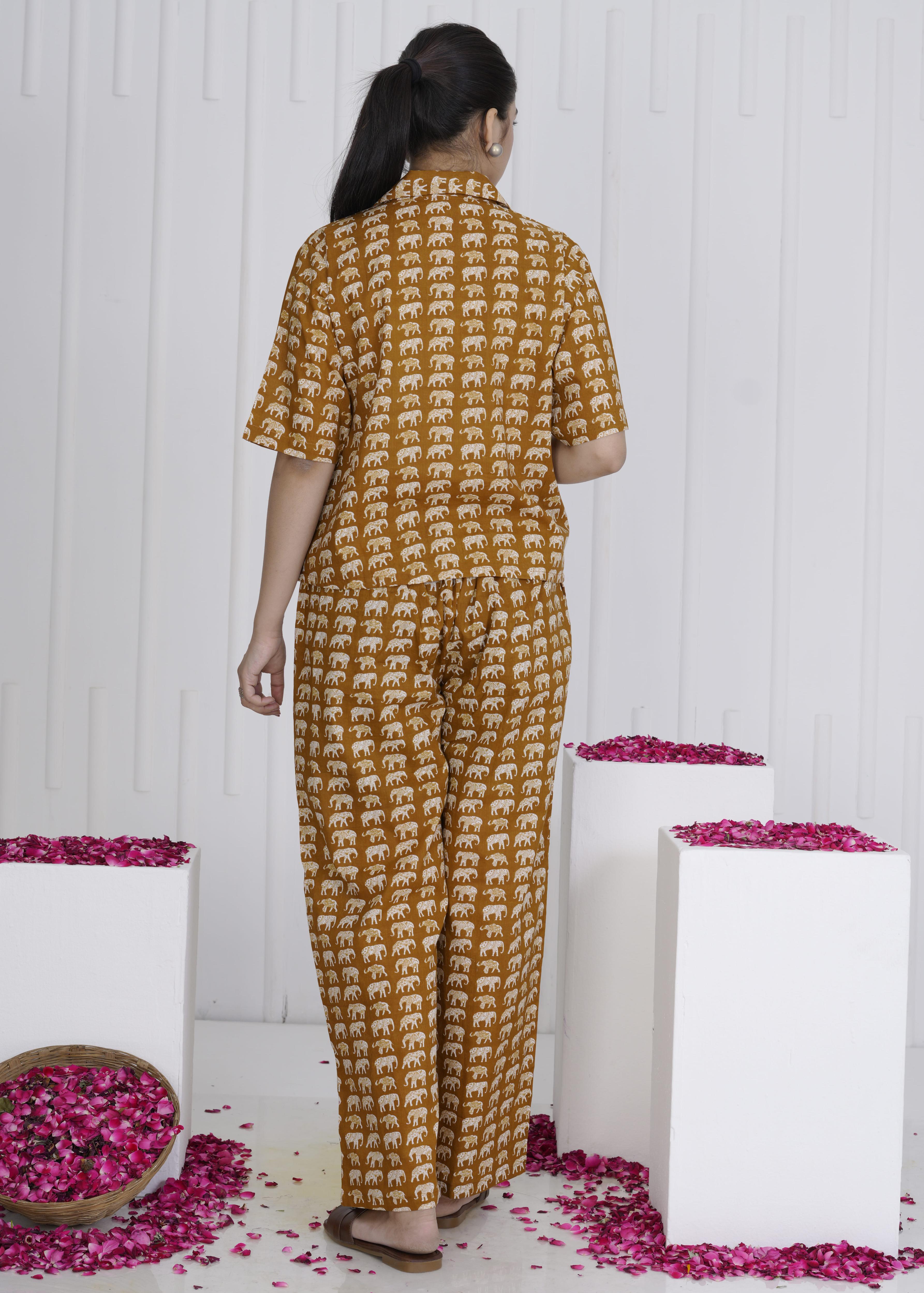 Rust Brown Elephant Print Cotton Cord Set for Women