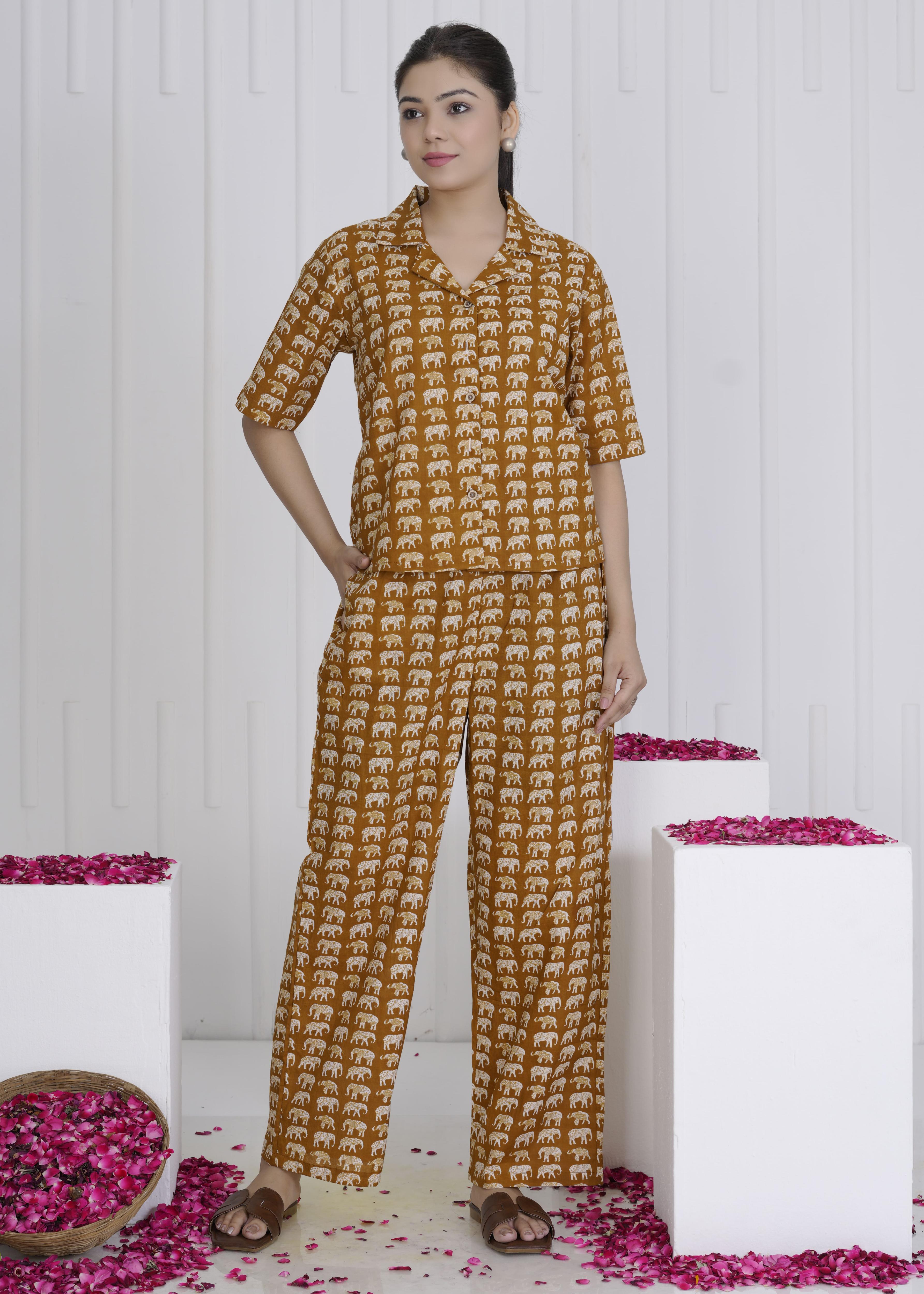 Rust Brown Elephant Print Cotton Cord Set for Women