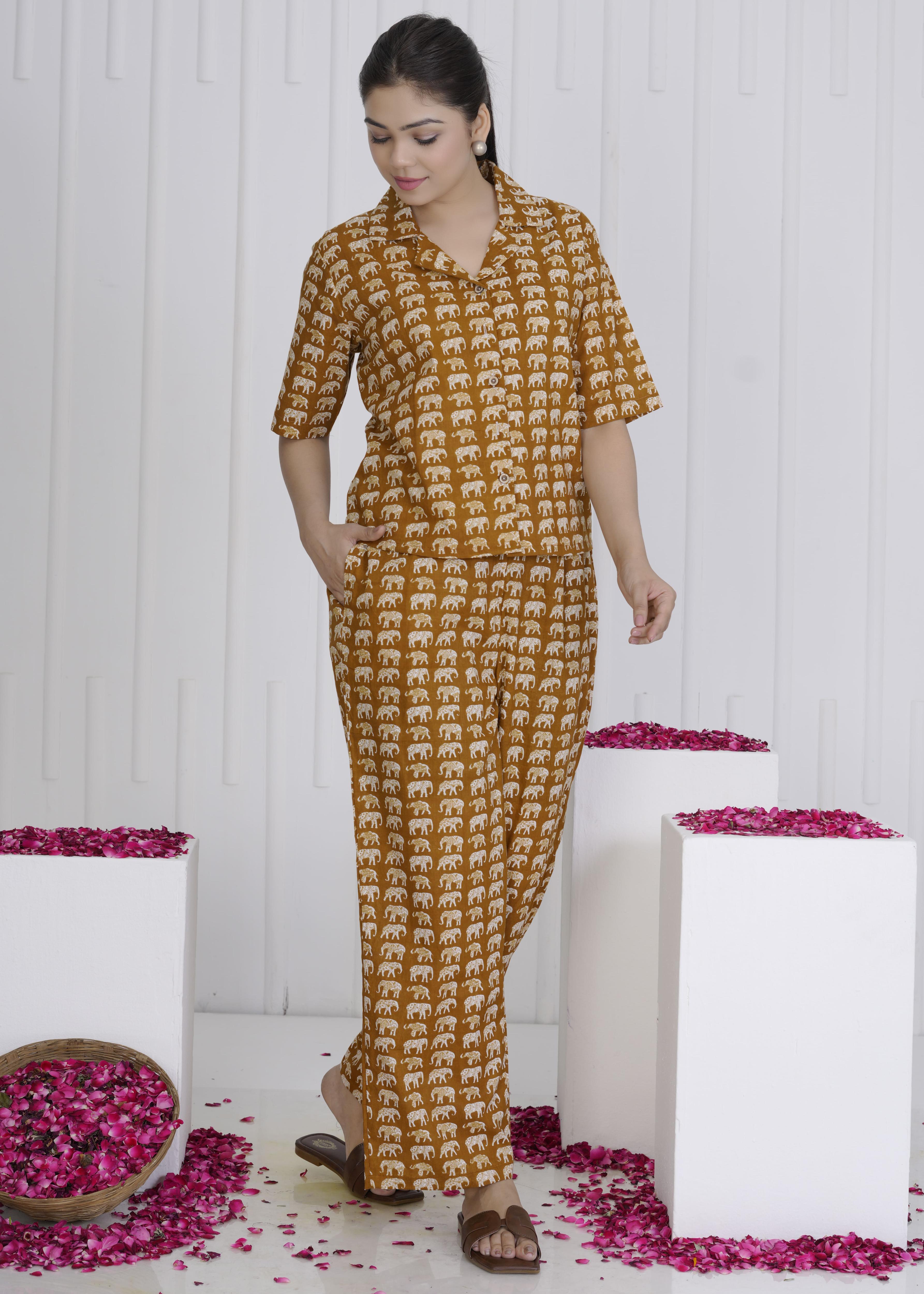 Rust Brown Elephant Print Cotton Cord Set for Women