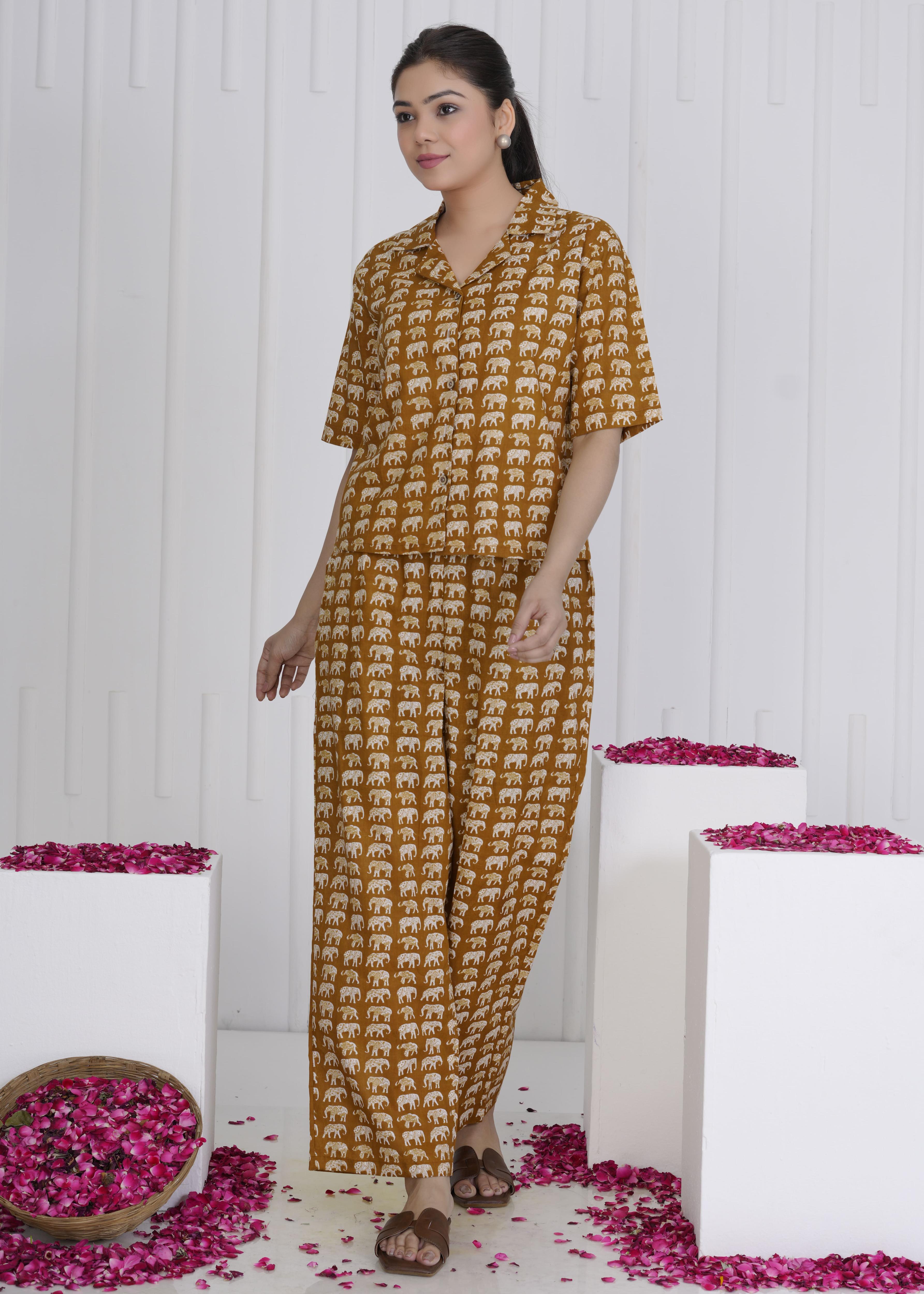 Rust Brown Elephant Print Cotton Cord Set for Women