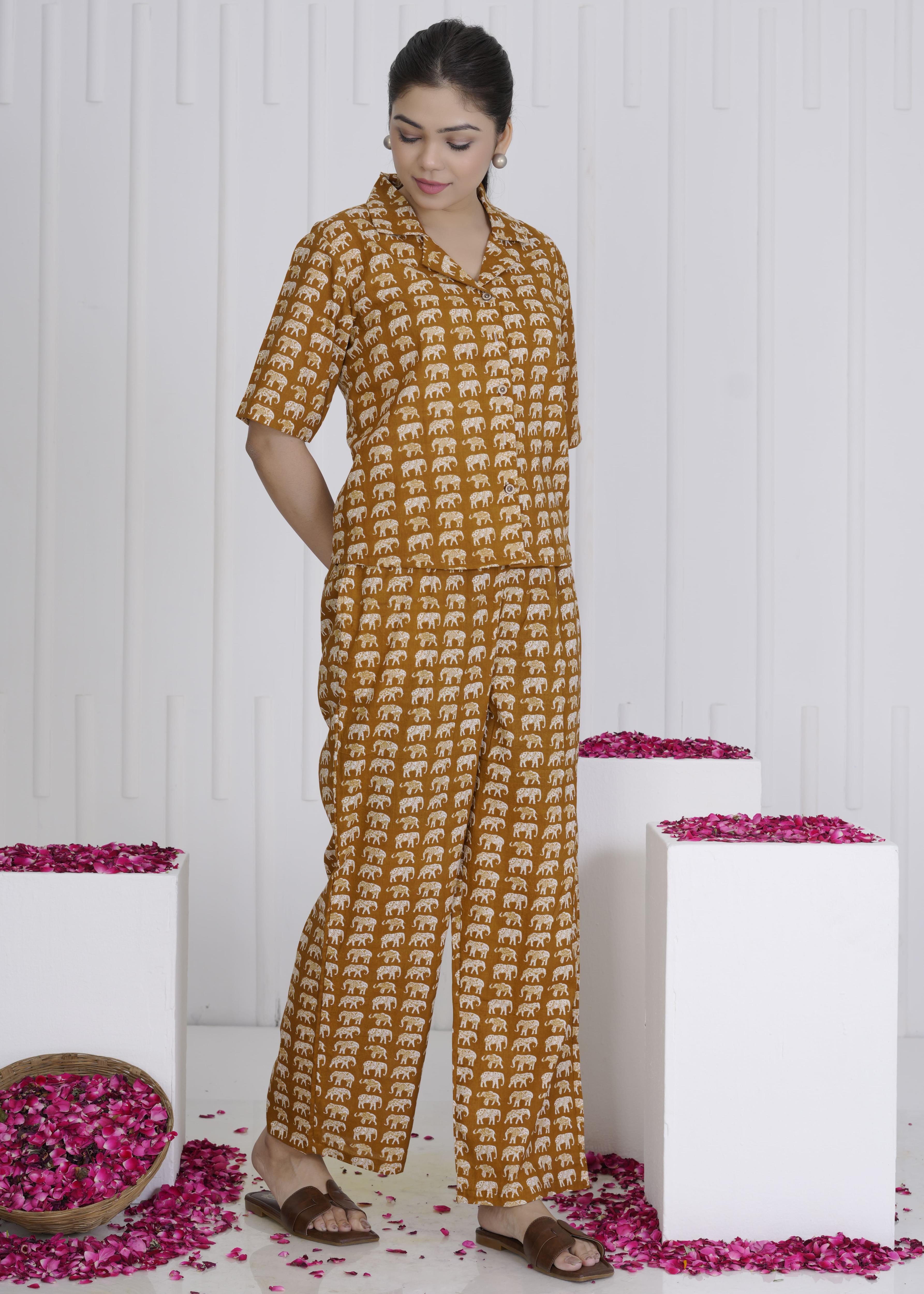 Rust Brown Elephant Print Cotton Cord Set for Women