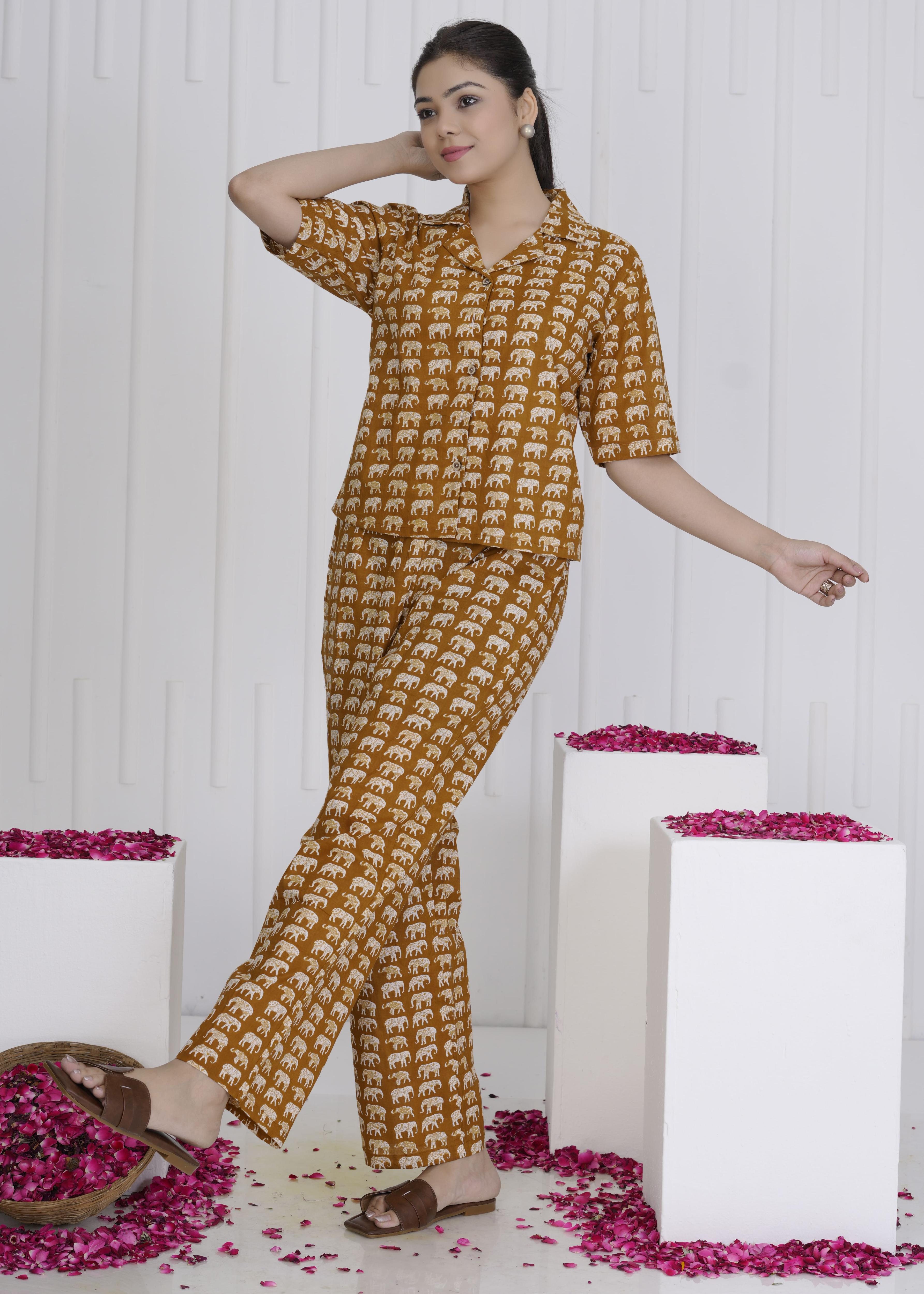 Rust Brown Elephant Print Cotton Cord Set for Women