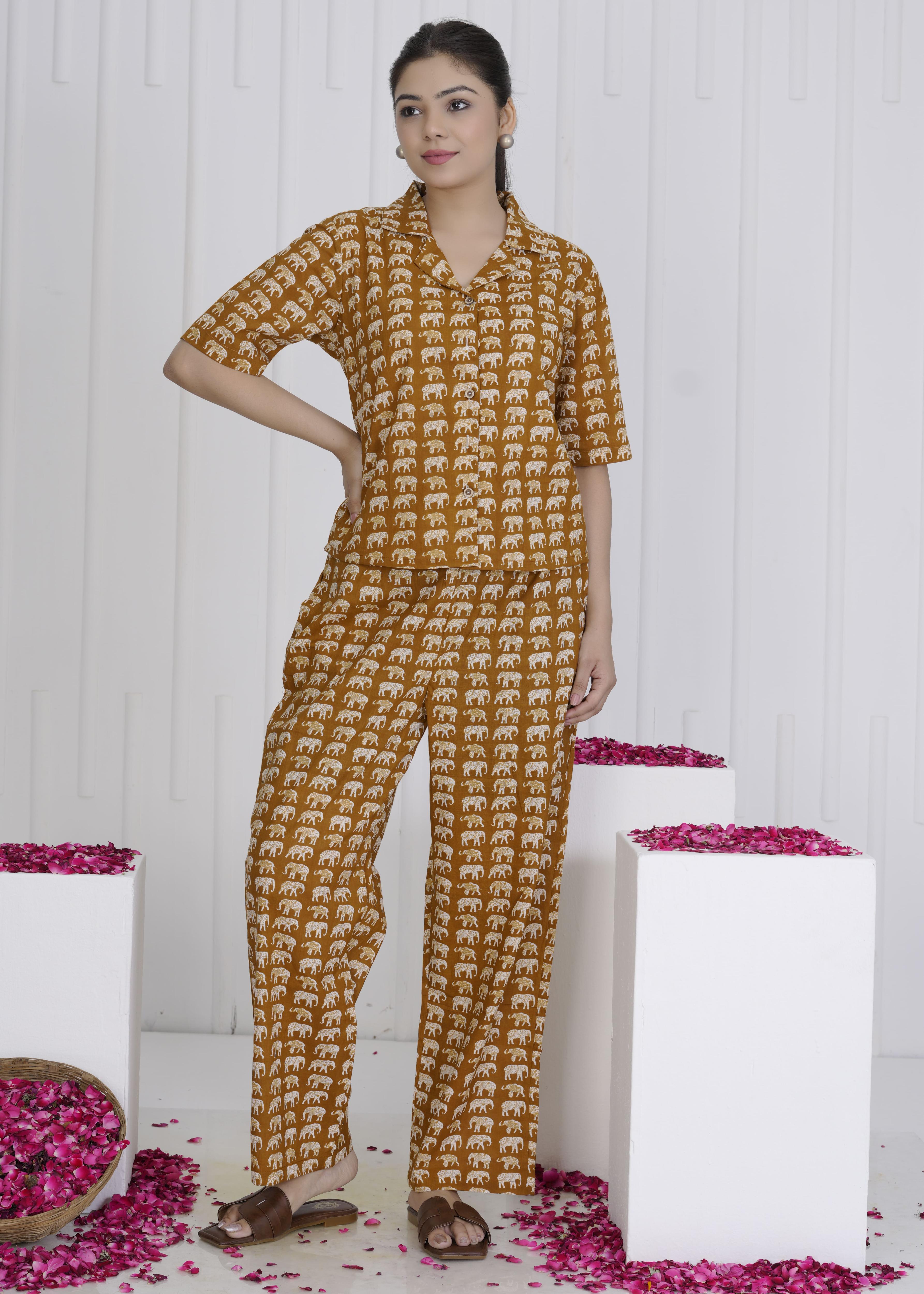 Rust Brown Elephant Print Cotton Cord Set for Women