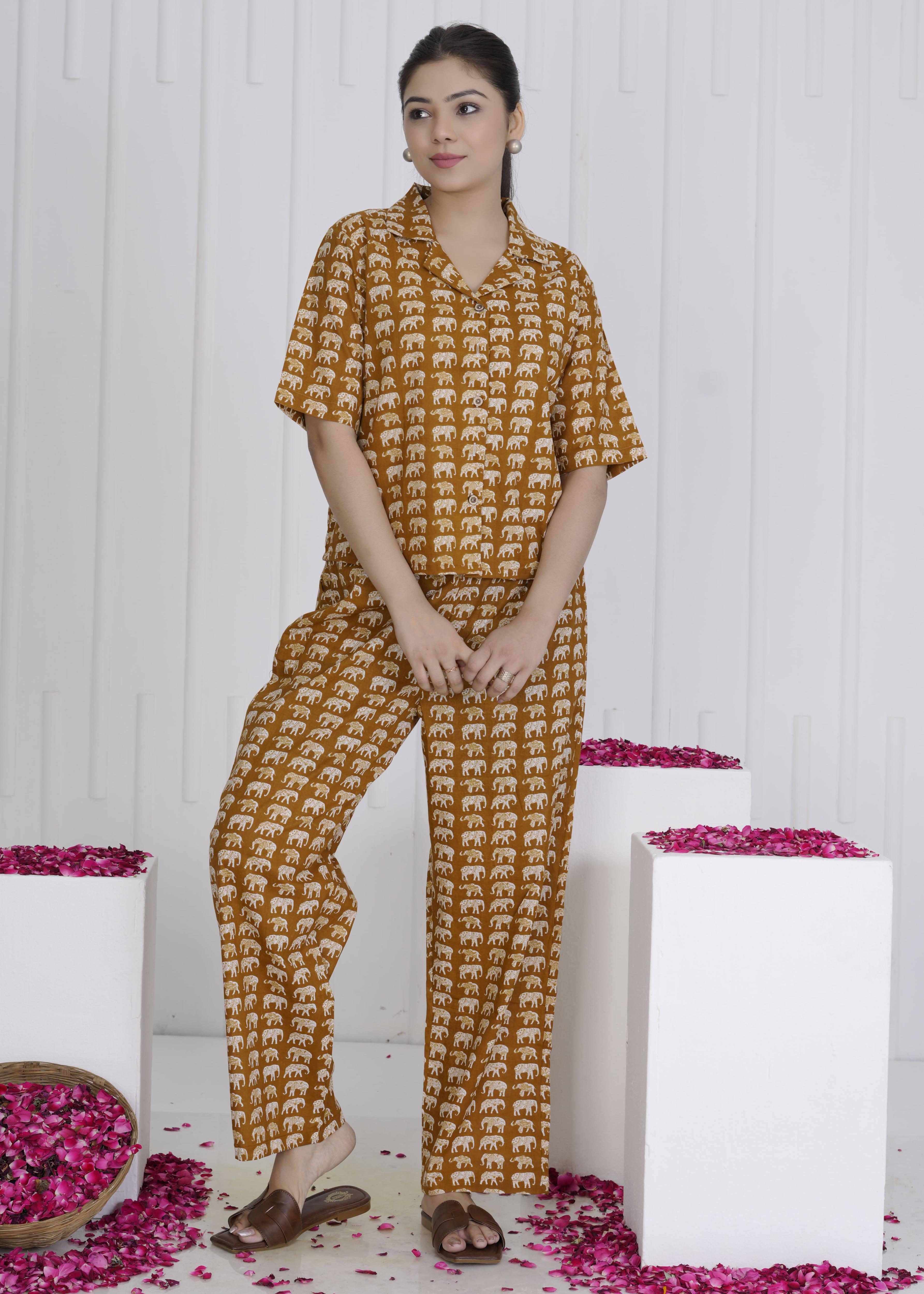 Rust Brown Elephant Print Cotton Cord Set for Women