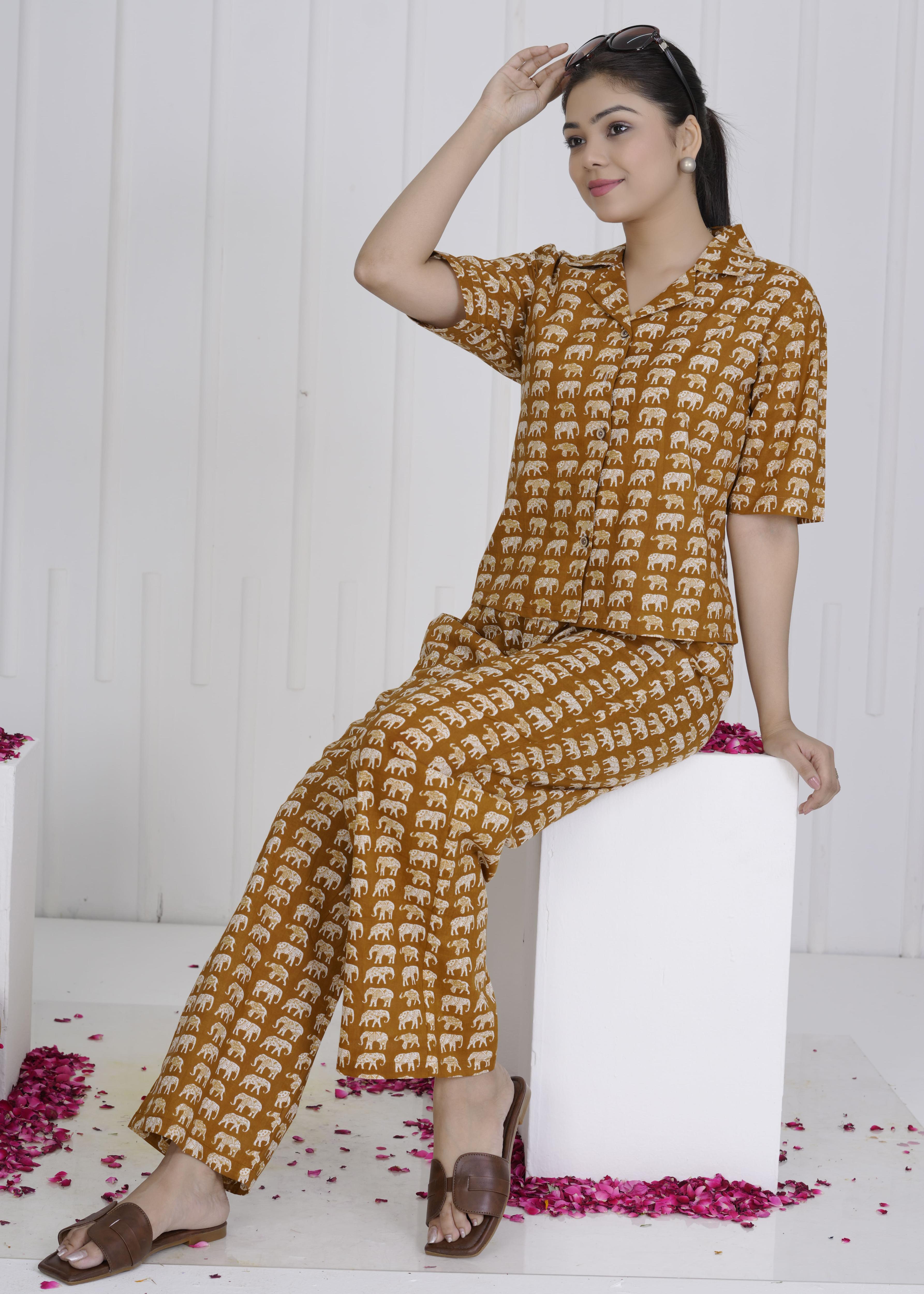 Rust Brown Elephant Print Cotton Cord Set for Women