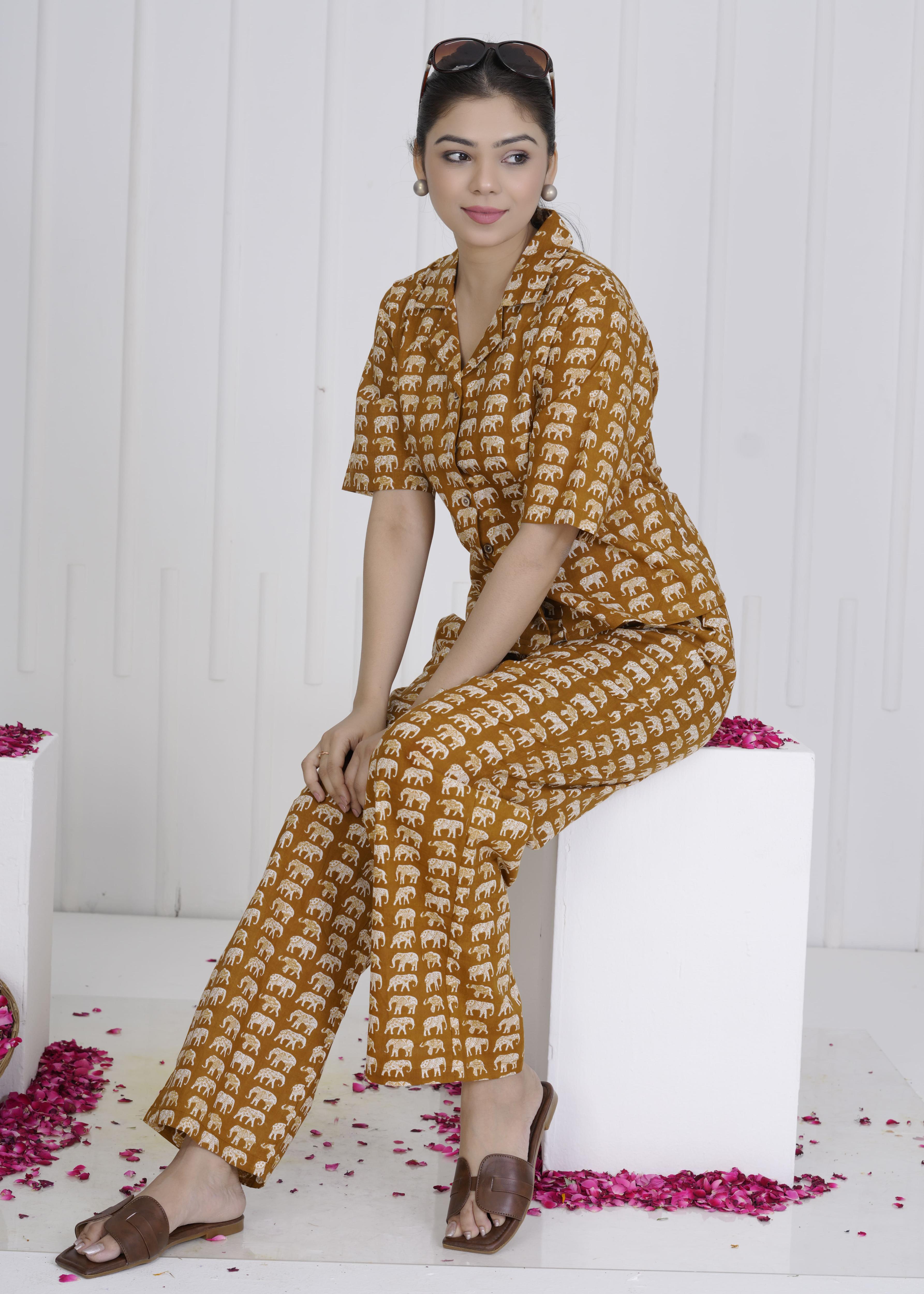 Rust Brown Elephant Print Cotton Cord Set for Women