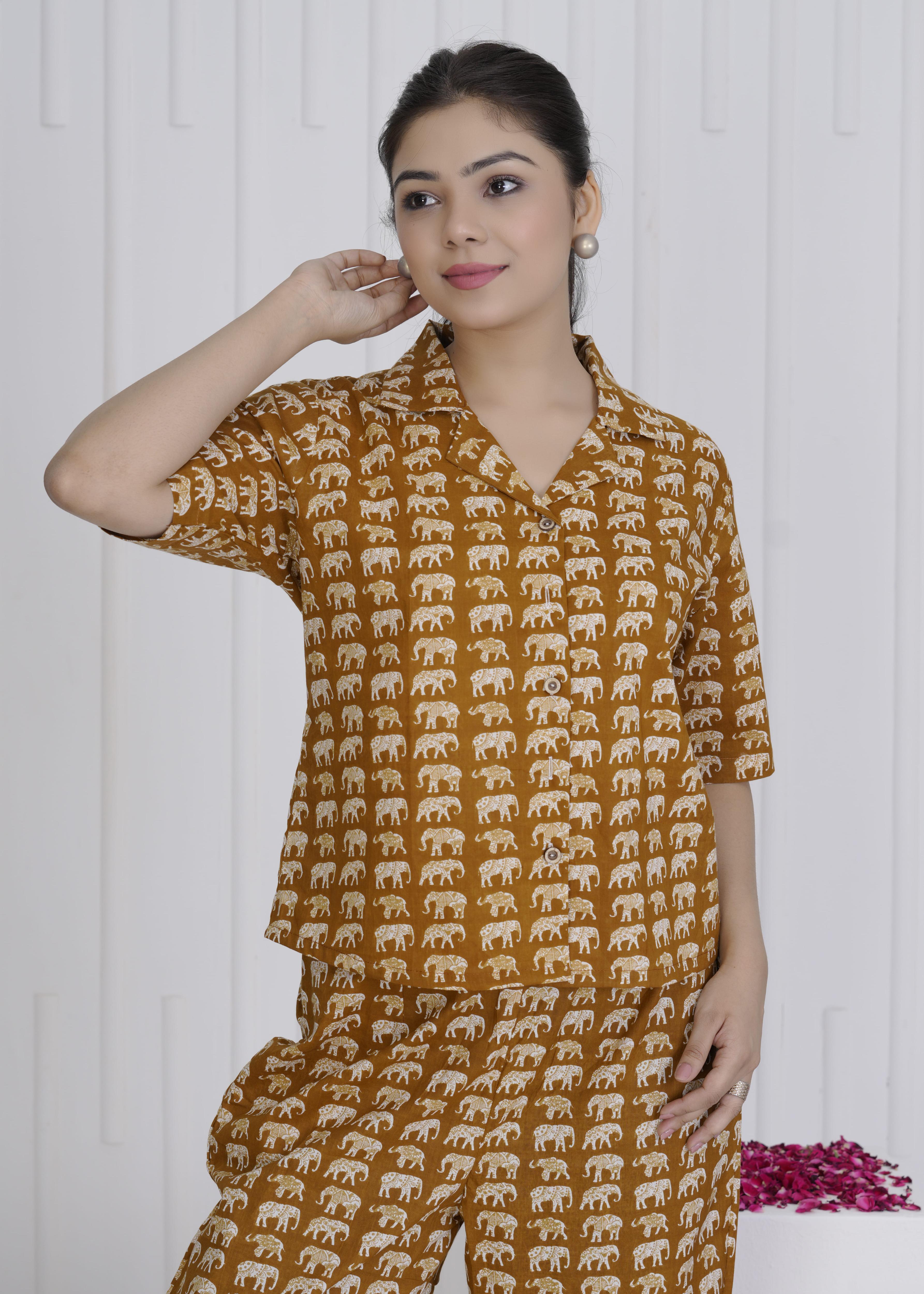 Rust Brown Elephant Print Cotton Cord Set for Women