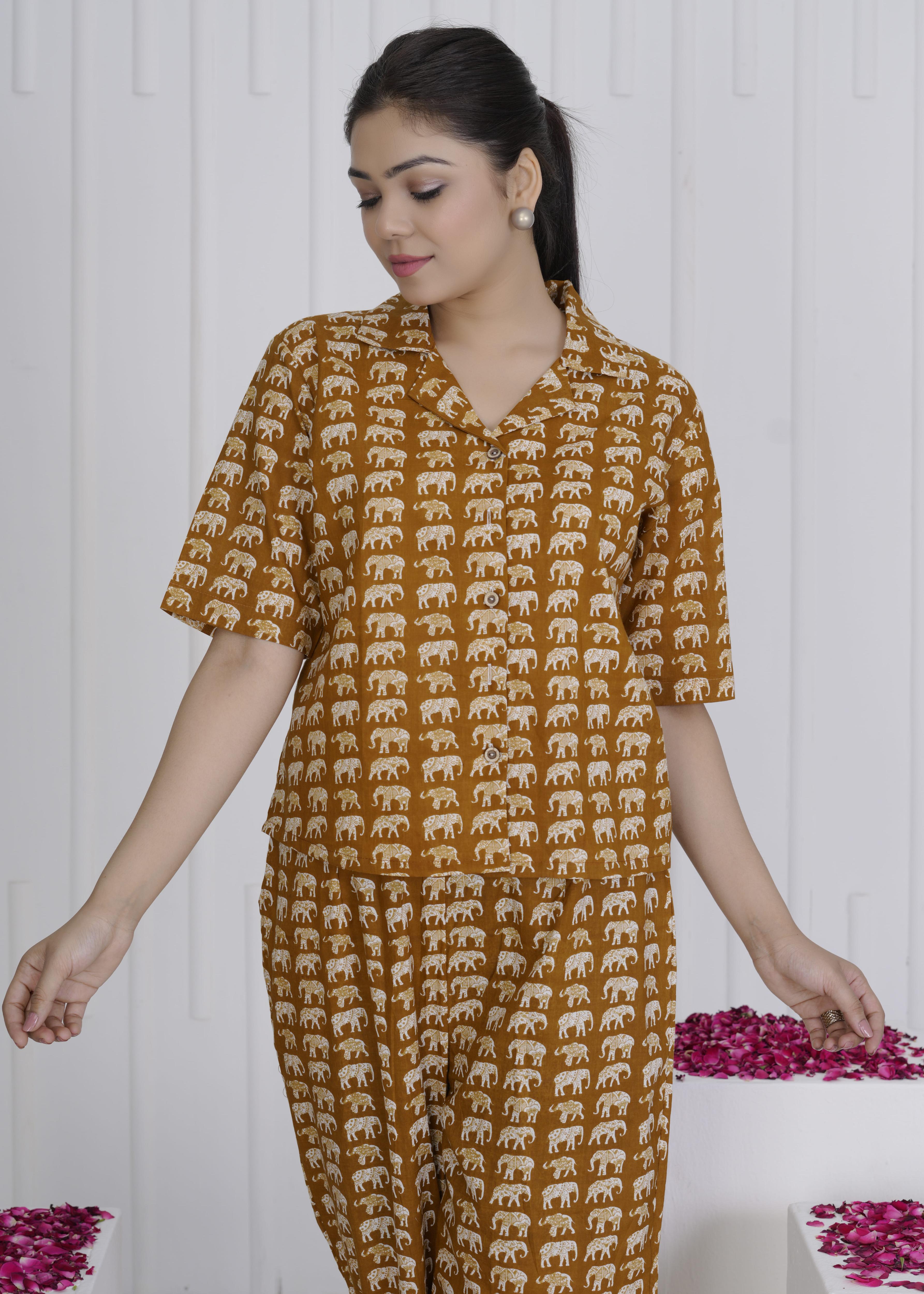 Rust Brown Elephant Print Cotton Cord Set for Women