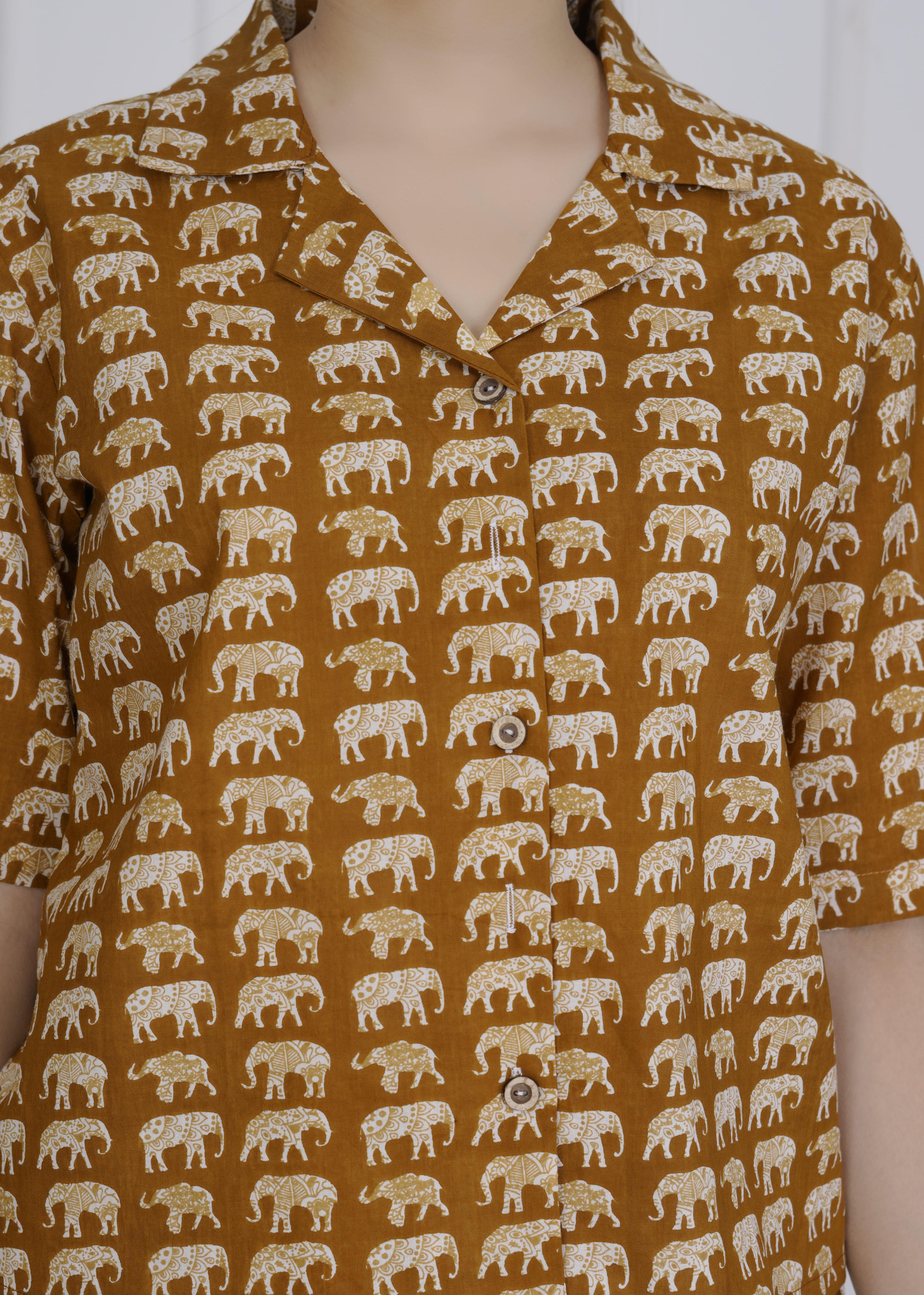 Rust Brown Elephant Print Cotton Cord Set for Women