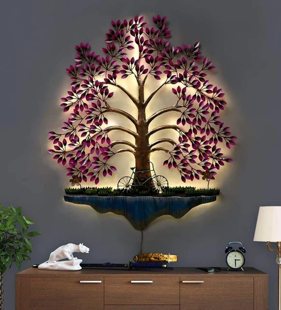 Pink Metal Tree Wall Art Decor with LED Light – Large