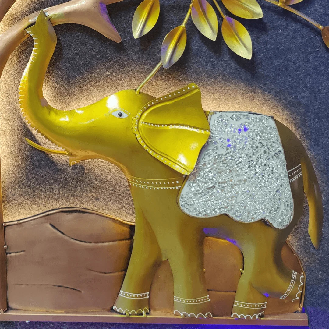 Elephant Family Under Tree Metal Wall Decor With Led – Large