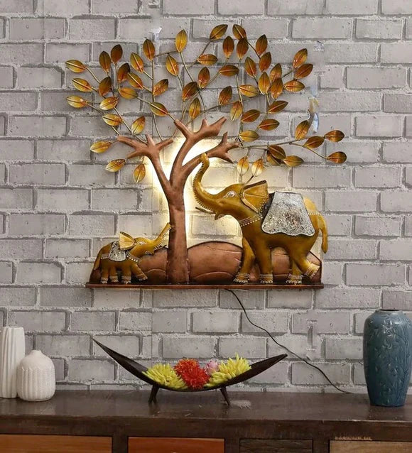 Elephant Family Under Tree Metal Wall Decor With Led – Large