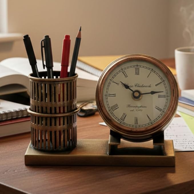 Metal Pen Stand | Table Clock | Card Holder – Vintage Desk Organizer. by KraftCaar