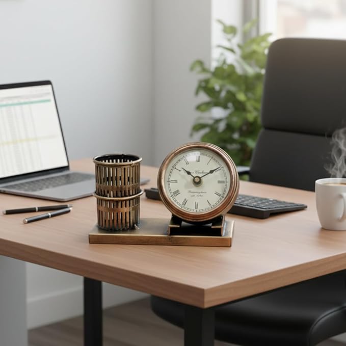 Metal Pen Stand | Table Clock | Card Holder – Vintage Desk Organizer. by KraftCaar