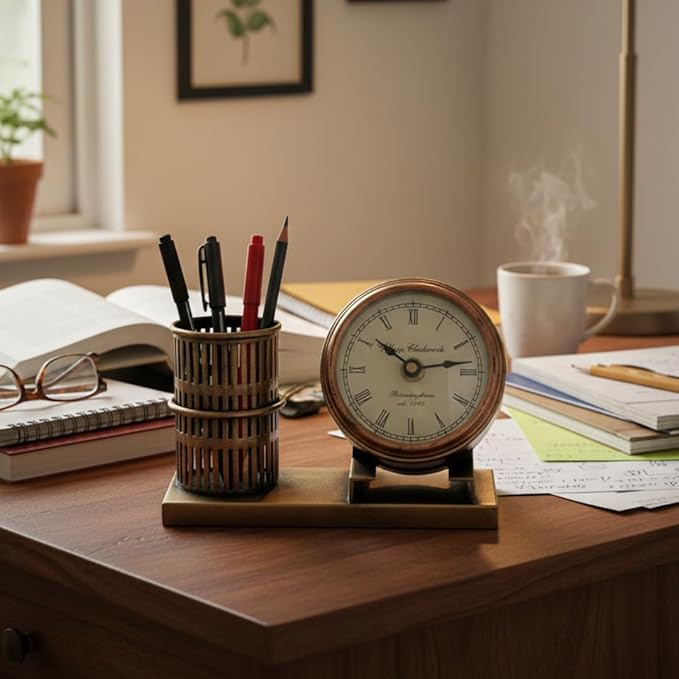 Metal Pen Stand | Table Clock | Card Holder – Vintage Desk Organizer. by KraftCaar