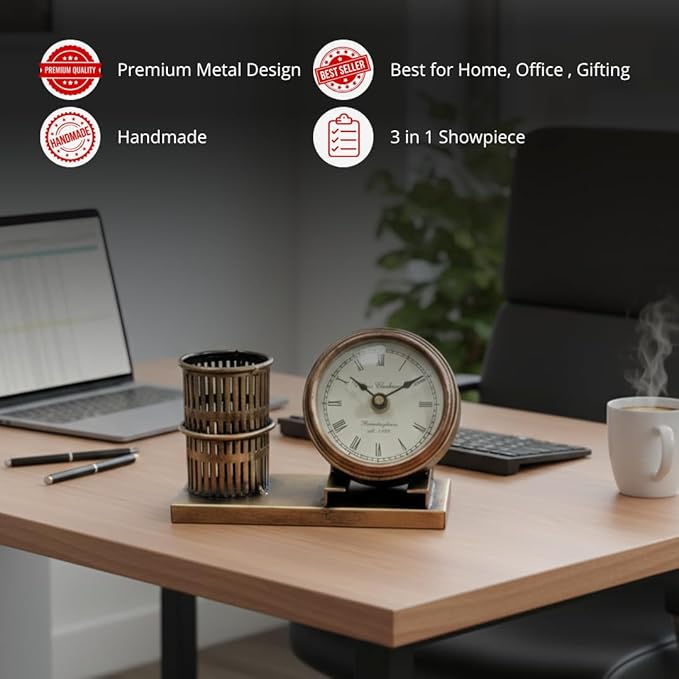 Metal Pen Stand | Table Clock | Card Holder – Vintage Desk Organizer. by KraftCaar