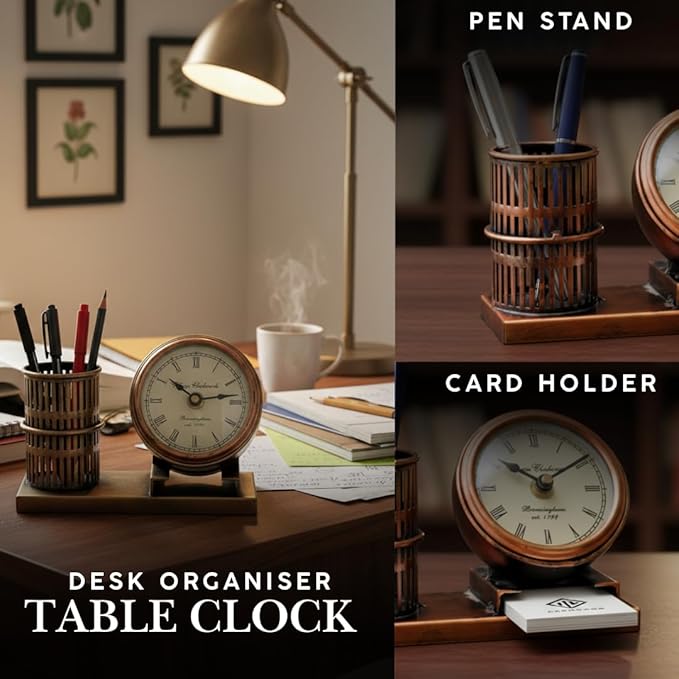 Metal Pen Stand | Table Clock | Card Holder – Vintage Desk Organizer. by KraftCaar